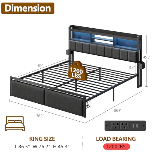Image of Furnulem King Size Bed Frame with Headboard, Drawers, Charging Station, LED | 1200 lbs Capacity, Upholstered Headboard, No Box Spring Needed, Noise Free, Black, Metal Bed Frame