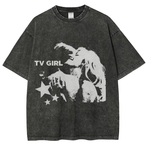 Vintage Wash TV Girl Graphic T-Shirt Oversized Heavyweight Cotton Streetwear Tee 260GSM Relaxed Fit Unisex Shirt Black