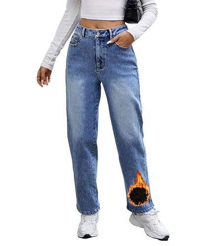 Women's Fleece Lined Jeans Winter Warm Stretch Straight Leg Mid Rise Denim Pants
