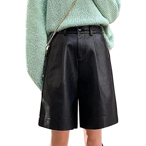 HaoMay Women's Elastic High Waist Wide Leg Pleated PU Faux Leather Shorts(Black,M) Cover