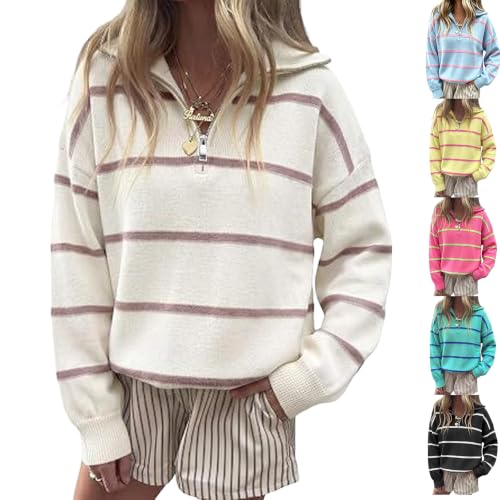 Womens Quarter Zip Striped Sweater Oversized Turtleneck Pullover Top - image 1