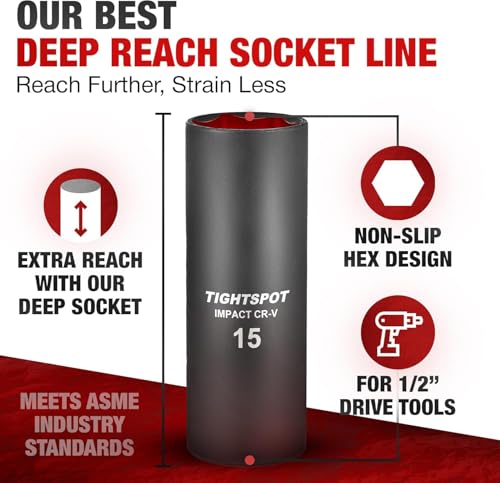 Image of TIGHTSPOT 1 /2 Inch Drive - 15 mm Deep Impact Socket with Anti-Rounding 6 Point Design, Heat-Treated CRV Steel, Metric