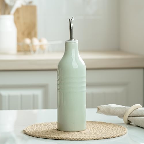 famiware Jupiter 16oz Ceramic Olive Oil Dispenser Bottle, 1 Piece Oil Dispenser for Kitchen with Stainless Steel Pourers, Suitable for Storage Vinegar, Soy Sauce, Coffee Syrup, Light Green