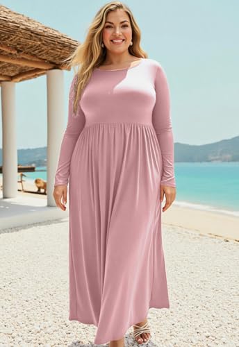 Image of Nemidor Plus Size Maxi Dress for Curvy Women Fall Casual Loose Long Sleeve Dresses with Pocket 14-26