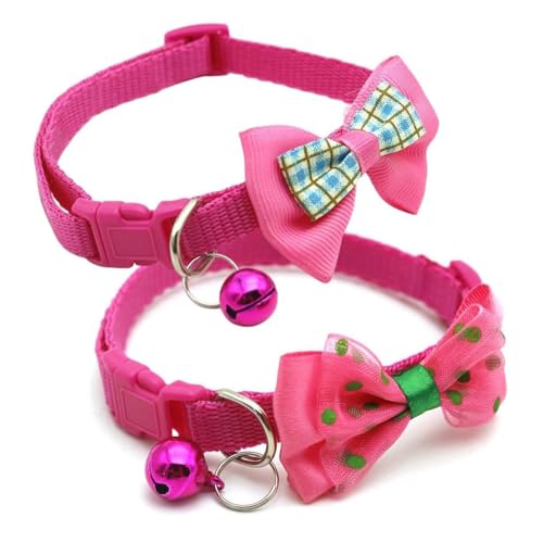Puppy Collar with Bell, 2-Pack Hot Pink Dog Collar with Bell Cute Bowtie Cat Collar Nylon Adjustable Buckle for XXS XSmall Girl Pets Female Kitten Yorkie Teacup Chihuahua X-Small, Neck 7-12