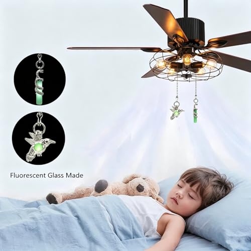 Image of Hummingbird Pattern Ceiling Fan Pull Chain,Pull Chain Extension Glow in The Dark,12in Fan Pull Chain Pendant,Ceiling Fan Chain Extender with Beaded Fluorescent Light Chains Ornaments, 2PCS