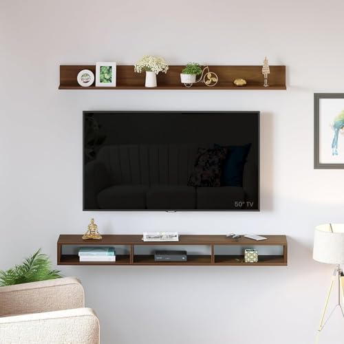 Image of Furniture Cafe Wood Wall Mount TV Entertainment Unit with Shelf for Show Pieces Books Living Room Bed Room