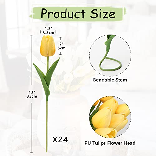 Image of 24 Pcs Yellow Tulips Artificial Flowers Real Touch Fake Tulips Fake Flowers for Mother's Day 13.5 inch Faux Tulips Faux Flowers Bulk Artificial Tulips Flowers for Vase Centerpieces Home Wedding Bouquet