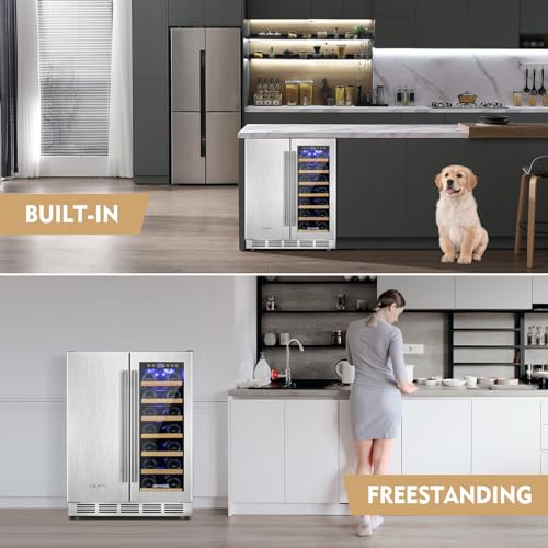 Image of ORYMUSE Wine and Beverage Refrigerator Dual Zone, 24 inch Undercounter Beverage Fridge for Soda, Water and Beer, Built-in /Freestanding, Holds 20 Bottles & 88 Cans, Stainless Steel