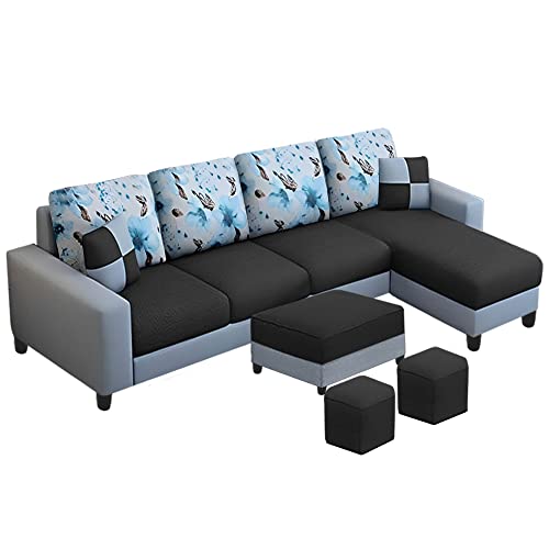 Image of Orland 8 Seater RHS L Shape Sofa with Center Table & 2 Puffy | Color - (Black Grey Fabric)
