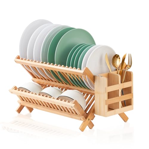 Worthyeah Bamboo Dish Drying Rack, 2 Tier Collapsible Dish Rack with Utensil Holder, Wooden Dish Drying Rack for Kitchen Counter, Large Folding Drying Holder, Dish Drainer