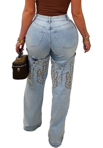 Embroidered Jeans for Women Casual Stretchy High Waisted Straight Leg Denim Pant with Pockets Y2k Streetwear2