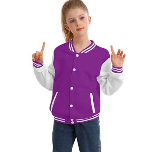 Icibgds Chaqueta universitaria para niños, chaqueta de béisbol para niños, ropa de abrigo con cremallera para niñas, uniforme escolar, Púrpura, 4 años