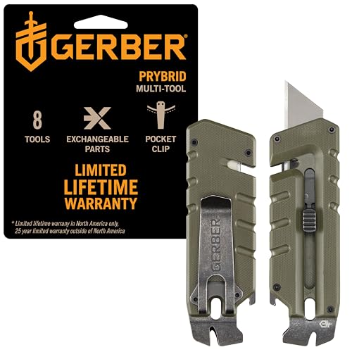 Image of Gerber Gear Prybrid Utility EDC Multitool Pocket Utility Knife, Razor Knife with Retractable Box Cutter Blade and Pry Bar, Green G10 with Clip