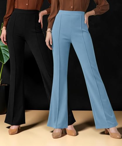 Image of Women Solid Flared Trousers Pack of 2 | High Waist Stretchable Office Pants for Women | Formal Bell Bottom Palazzo Trouser Combo