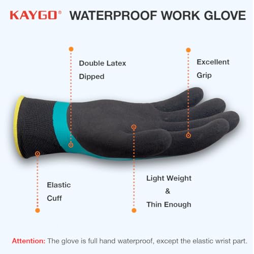KAYGO Waterproof Work Gloves for Men and Women with Double Latex Coated Non-Slip Super Grip for Gardening Car Washing Fish Cleaning (Blue - Image 2