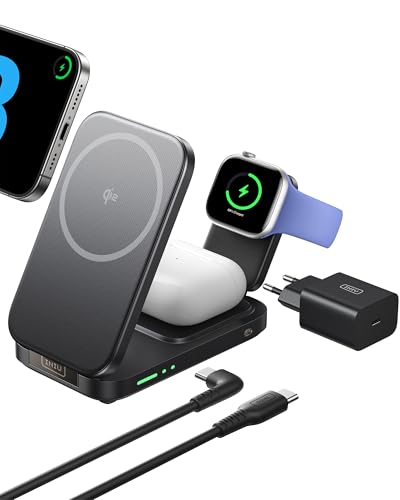 INIU 3 en 1 Cargador Inalámbrico iPhone, 15W Certificado Qi2 Base Carga Rápida Magnética Plegable, mag-Safe Wireless Charger for Apple Watch SE iPhone 17 16 15 14 13 AirPods 4 3 (con Adaptador USB C)