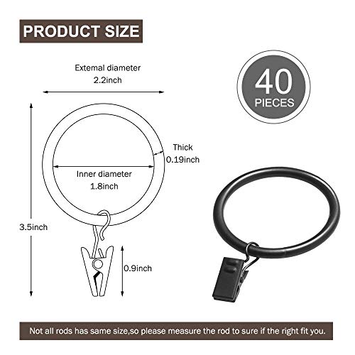 image for ARPENTER 40 Pack Black Curtain Rings with Clips for Drapes, 2.2 inch O