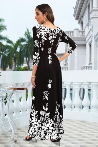 Image of WNEEDU Women's 3 /4 Sleeve Casual Loose Long Maxi Dresses with Pocket
