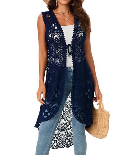 Image of Women's Crochet Long Vest Sleeveless Lace Cardigan Hollow Out Kimino Cover Up