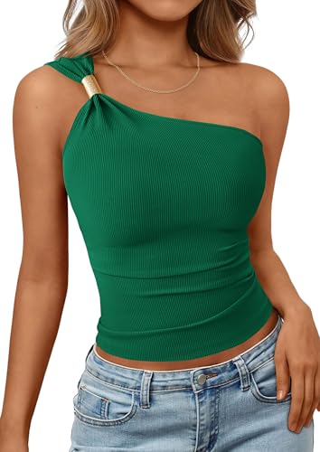 PRETTYGARDEN One Shoulder Going Out Tops for Women Trendy 2026 Summer Y2K Clothes Sleeveless Fitted Spring Fashion Shirts (Green,Medium)