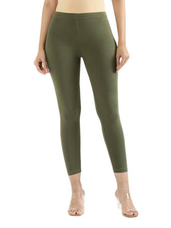 Image of GO COLORS Soft Cotton Stretch Cropped Leggings for Women | Breathable, Mid Rise, Olive Green