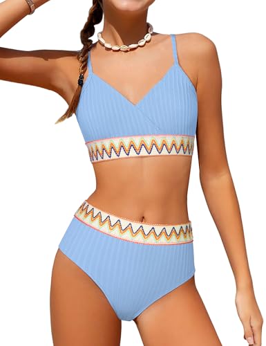 Image of DONWEN Girls Swimsuits V Neck Bikini Set Textured High Waist Girl Two Piece Bathing Suit