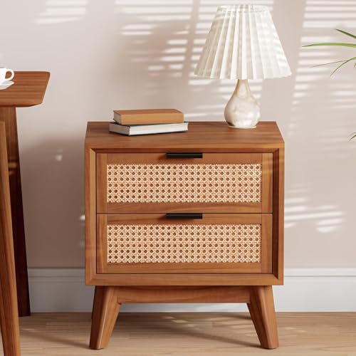 Image of Solid Sheesham Wood Bedside Table Fully Assembled-Mid Century Modern Wooden Nightstand Side End Table with 2 Drawers-Multipurpose Use for Bedroom Living Room- Dark Chocolate