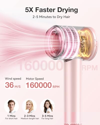 Image of Tailulu Hair Dryer, 160000 RPM High-Speed Ionic Blow Dryer | Professional Lightweight Quiet Compact Hair Dryer with Nozzle for Home, Salon, Travel
