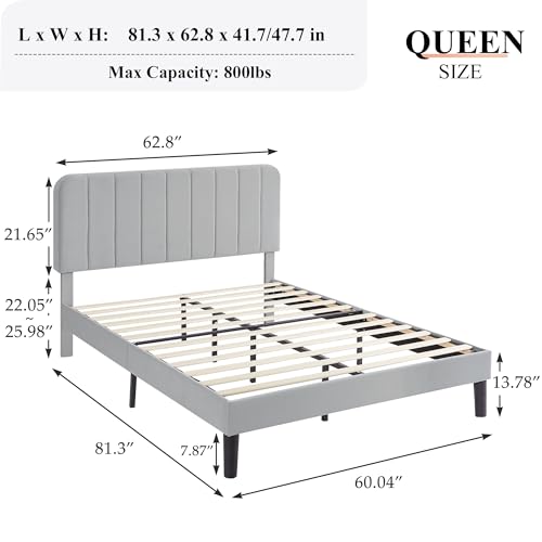 Image of VECELO Queen Size Bed Frame with Upholstered Headboard, Velvet Platform Bedframe Mattress Foundation, Strong Wood Slat Support, No Box Spring Needed,Light Grey