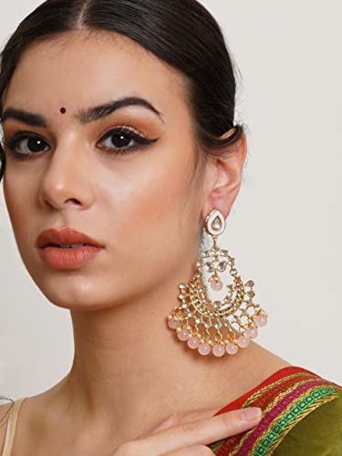 Karatcart Gold Plated Pink Beads Kundan Chandbali Earrings for Women - Image 3