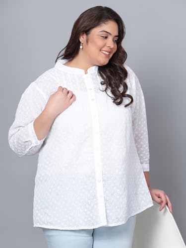 Image of Indietoga Women's Plus Size Pure Cotton Chikankari Embroidered Longline Tunic Tops with Lining (2XL to 7XL)