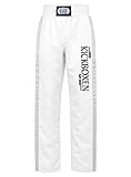 BAY Edel Stick Kickboxhose Kampfsporthose Weiß lang Streifen in Silbergrau seitlich Polyester gestickter Schriftzug Erwachsene Damen Herren Kinder Jungen Mädchen Größe XL (190)