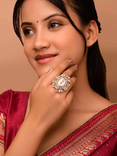 Image of SANJOYA by EVERSTYLISH Embroidered Ring for Women | Shell & Beaded Adjustable Statement Ring | Ethnic Jewelry for Weddings & Festive Occasions