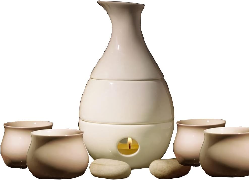 White Ceramic Sake Pot with 4 Cups Wine Set White Wine Yellow Wine Temperature Warm Sake Decanter Sets