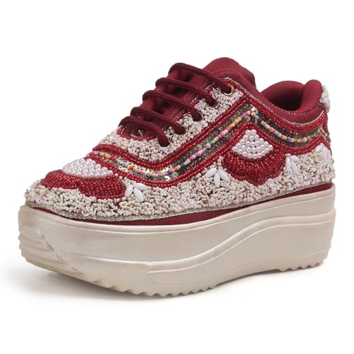 Image of LENSBURY Women Hand Embroidery Wedding Party Bridal Floral High Heel Sneakers I Cushioned Insole I Comfortable Wear Wedge Shoes I for Ladies and Girls LBCNV4037