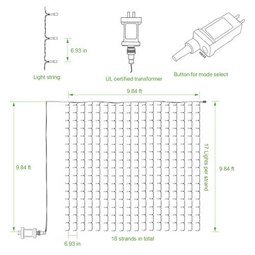 Lepro 306 LED Curtain Fairy Lights Plug in, 3m x 3m Cool White Christmas Lights, 8 Modes String Lights Mains Powered for Indoor Outdoor, Garden Gazebo, Wedding Party, Girl's Bedroom and More