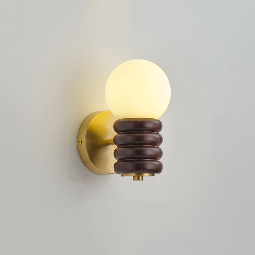 HUAYUSEDF Vintage Farmhouse Walnut Wood Wall Light Fixture Modern Brushed Brass Hallway Small Sconce Nordic Bedroom Milky White Glass Mounted Lamp for Living Room Bedside Aisle Stairs