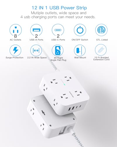 undefined Surge Protector Power Strip 15 Ft Long Cord, HANYCONY Extension Cord 15 Feet with 8 Outlets 4 USB Ports(2 USB C), Flat Plug, Desk Charging Station for Home Office College Dorm Room Essentials の商品画像 1