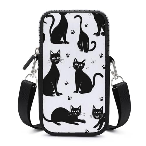 Fashion Crossbody Mobile Phone Bag, Portable Cell Phone Shoulder Bag, Funny Black Cats Smartphone Bag With Adjustable Strap