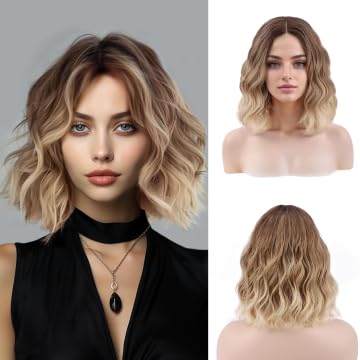 NOSTALGIA Short Ombre Blonde Wigs 14 Inch Wavy Curly Bob Wig Shoulder Length Middle Part Natural Looking Synthetic Blonde Hair Wigs for Women Daily Party Use
