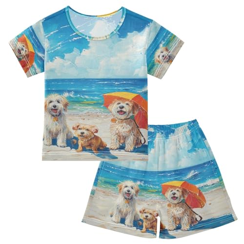 ALAZA Cute Dogs on The Beach Pajama Set Short Sleeve Sleepwear Soft Lounge Nightwear