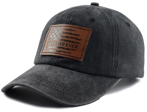 Image of Best Dad Ever Hat for Men, Adjustable Cotton American Flag Leather Patch Baseball Cap for Dad Papa