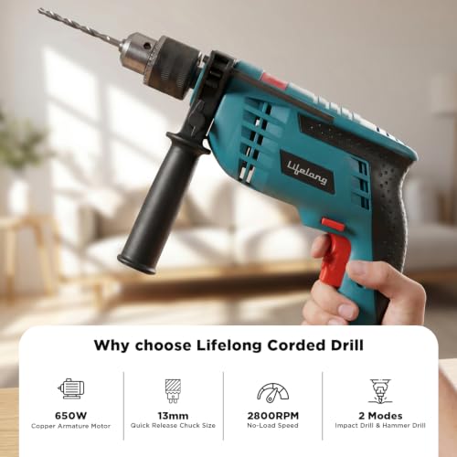 Image of Lifelong 650W Impact Hammer Drill Machine | Drill Machine for Wall Drilling & Home Use |13mm Chuck | Variable Speed | Forward & Reverse | Full Copper Motor & Armature | Wood, Metal & Concrete