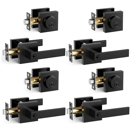 Front Door Lock Set,Keyed Alike Heavy Duty Exterior Door Lock Set,Entry Door Handle and Single Cylinder Deadbolt Combo for Office and Home Security, Reversible for Right and Left Side, 4 Pack