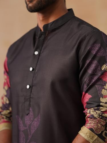 Image of Jompers Floral Printed Black Cotton Blend Kurta Set with Dupatta (Black, S)
