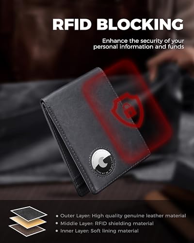 Image of Mens Wallet With AirTag Holder, Bifold Vintage Leather RFID Blocking Mininalist Front Pocket, ID Windows, Card Holders, Gifts for Men, AirTag Not Included