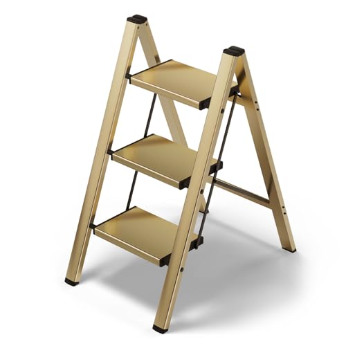HillhutApex 3 Step Stool Aluminum Foldable Step Ladder Lightweight Stable Stool with Wide Non-Slip Pedals 330lbs Bearing Capacity Ladder for Office Home Kitchen - Gold