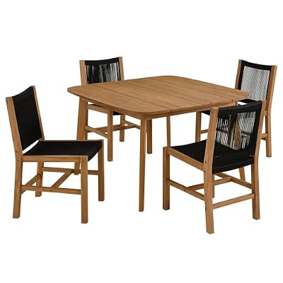 Oakestry Vienna Set of 4 Outdoor Patio Solid Teak Woven Rope Dining Armless Chairs Natural Black Table Weather Resistant Alfresco Garden Entertaining Modern Furniture