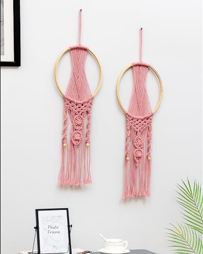Image of Homesake Macrame Dream Catchers for Bedroom Adult Dream Catcher Wall Decor Large Boho Wall Hanging Wood Beads Tassels Home Decoration Ornament Craft Gift, Pink Set of 2